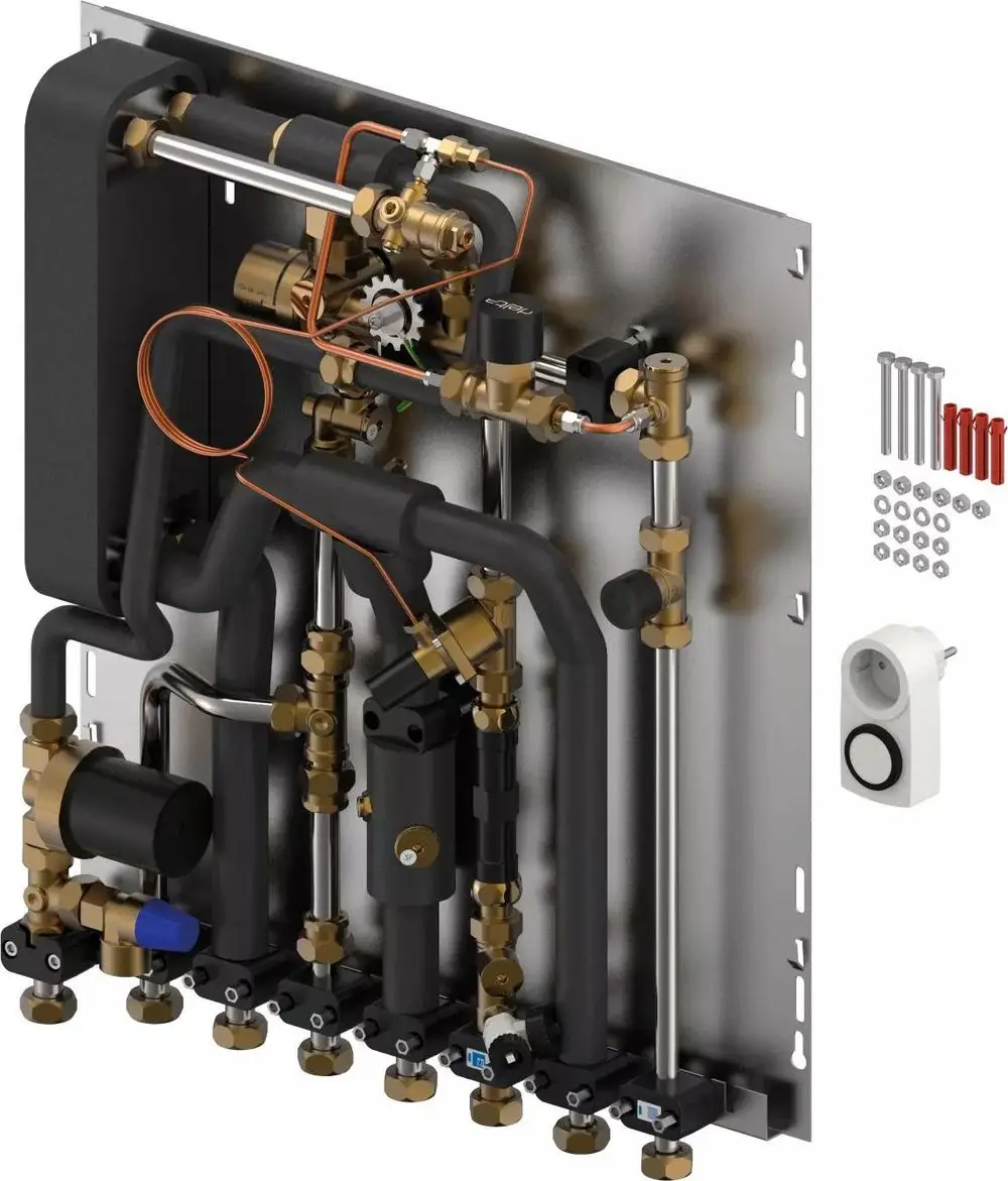 Uponor Wohnungsstation mit verschiedenen Anschlüssen, Ventilen und Rohrleitungen zur Wärmeverteilung, angebracht auf einer Metallplatte. Zubehörteile sind ebenfalls abgebildet.